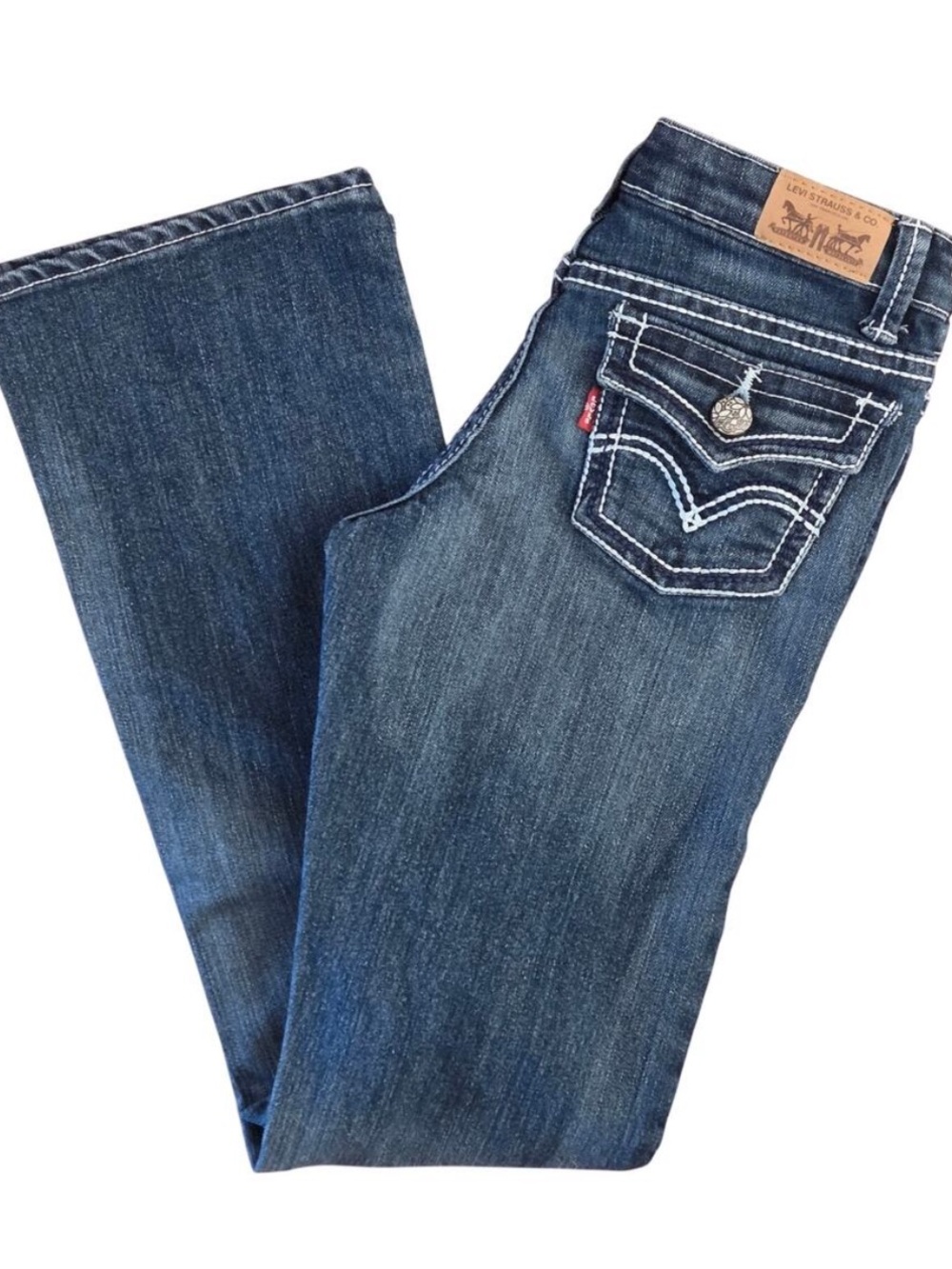 Levi’s dark wash special stitch embroidery fancy buttons vintage bootcut jeans